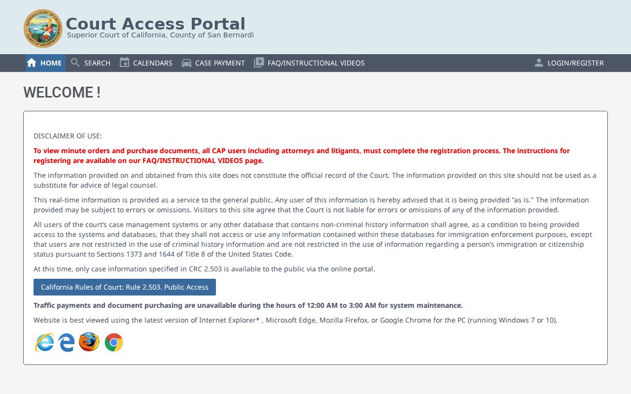 San Bernardino County people search through Court Access Portal records