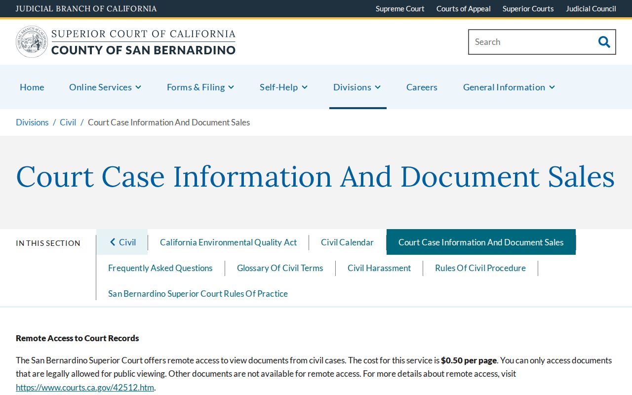 San Bernardino County public records court document sales page