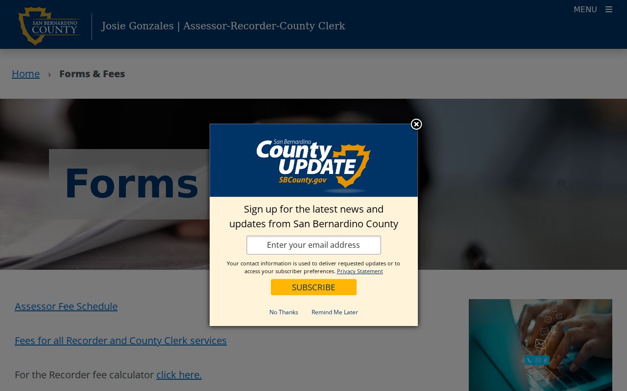 San Bernardino County public records forms and fees page