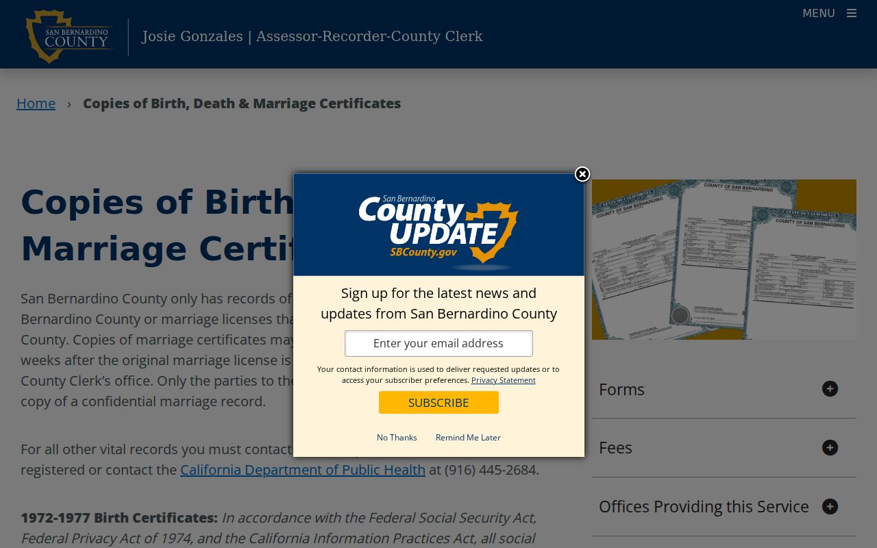 San Bernardino County public records vital certificate access page
