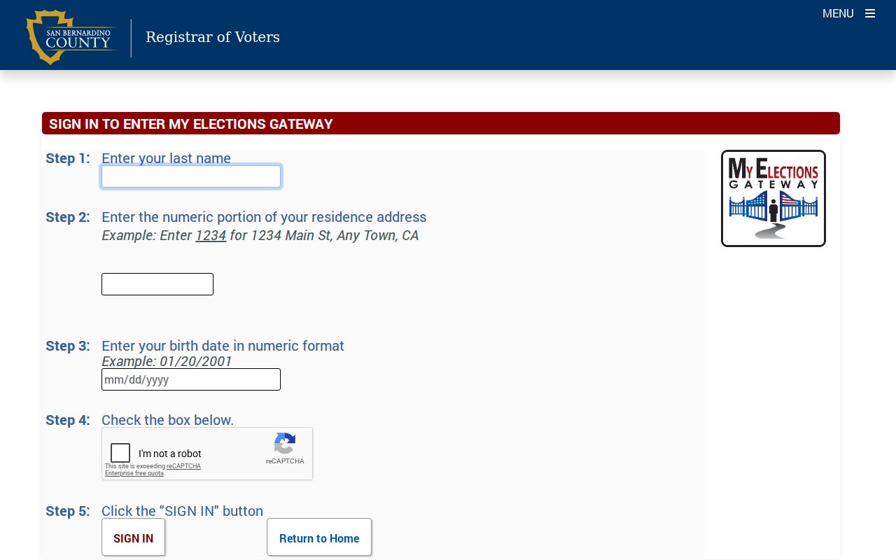 San Bernardino County voter registration lookup fields in My Election Gateway